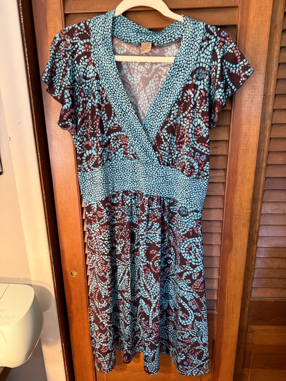 Susan Lawrence Teal and Brown V-Neck Patterned Midi Dress